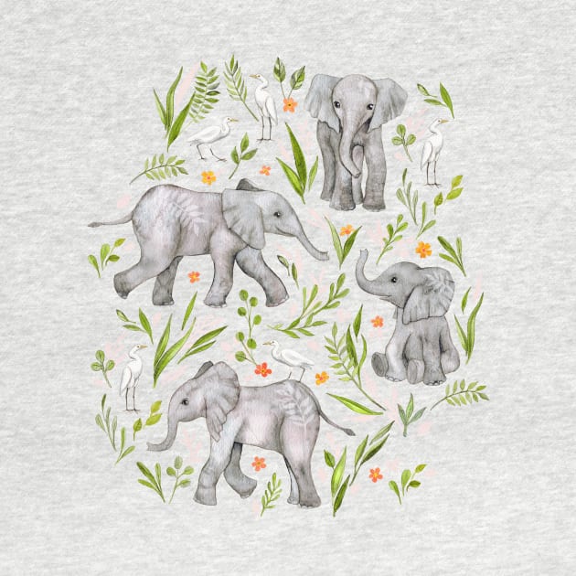 Baby Elephants and Egrets in Watercolor - neutral cream by micklyn